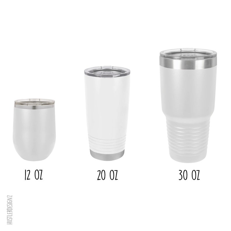 May include: Three white insulated tumblers with silver rims and lids. The sizes are 12 oz, 20 oz, and 30 oz. The 20 oz tumbler has horizontal grooves near the base. The text "12 OZ", "20 OZ", and "30 OZ" is printed below each tumbler.