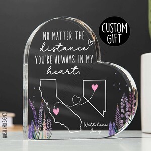 Fernweh-Herz-Plakette | Egal wie weit du bist immer in meinem Herzen | Benutzerdefinierte Karte Geschenk | Zustand Zu Zustand | Lavendel Blumen Acryl