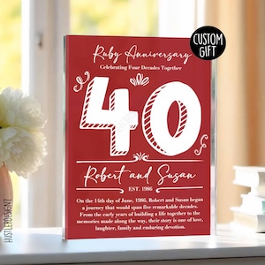 May include: A rectangular red acrylic plaque featuring white text that reads Ruby Anniversary, Celebrating Four Decades Together, 40, Robert and Susan, EST. 1986, and a paragraph about their journey beginning on the 14th day of June, 1986.