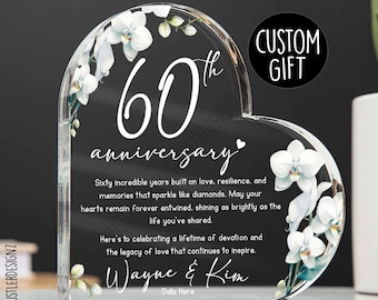 Custom 60th Anniversary Gift – Personalized Diamond Anniversary Heart Acrylic Plaque - Romantic Couples Gift - 60 Years Married