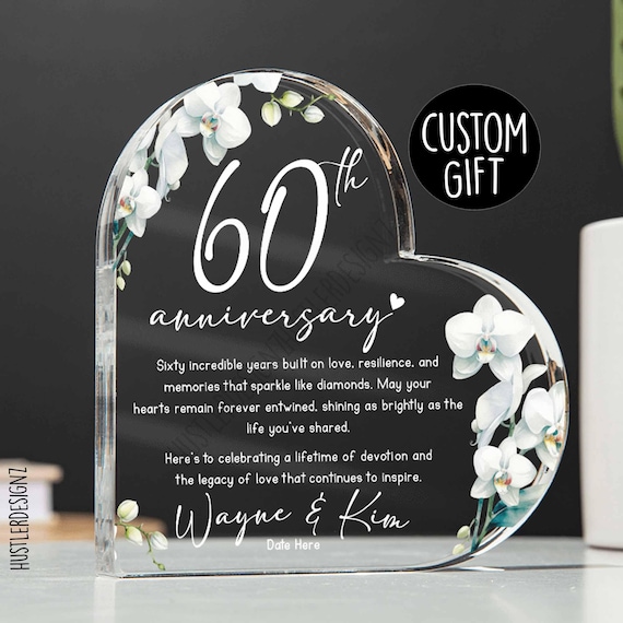 Custom 60th Anniversary Gift – Personalized Diamond Anniversary Heart Acrylic Plaque - Romantic Couples Gift - 60 Years Married