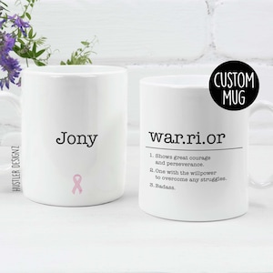 Warrior Mug with Definition – Breast Cancer Awareness Gift – Pink Ribbon Coffee Cup – Custom Name Survivor Mug – Inspirational Support Gift