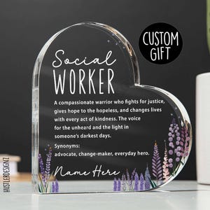 Heart-shaped acrylic plaque with lavender floral design and social worker definition, perfect appreciation gift.