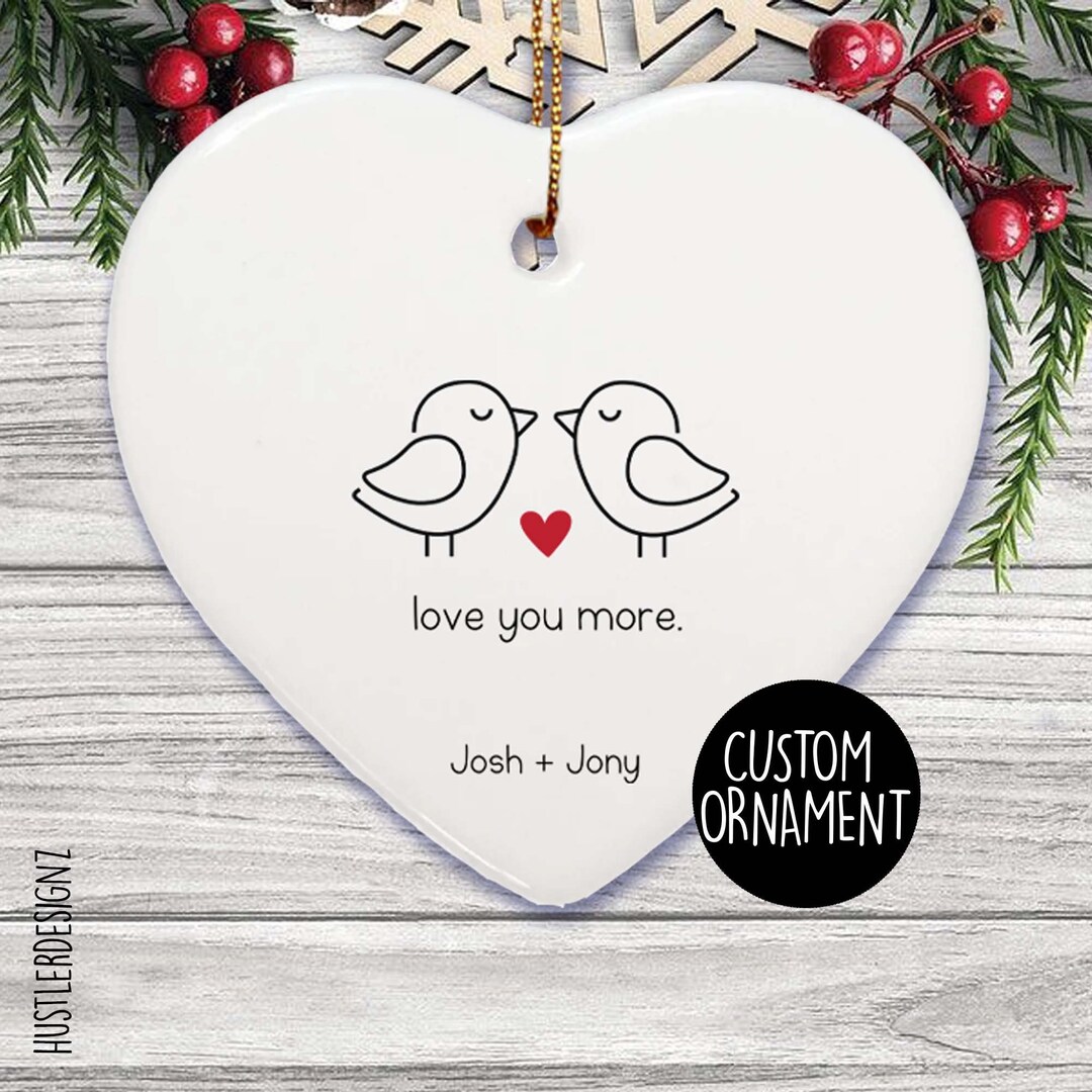 Love You More Custom Heart Ceramic Ornament With Kissing Birds