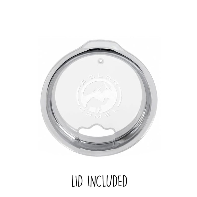 May include: A clear plastic lid with a silver rim, featuring the Polar Camel logo in the center. The lid has a sliding closure and a small opening for drinking. The text "LID INCLUDED" is written in black script at the bottom.