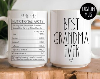 Mok met oma-thema: grappig etiket met voedingswaarden