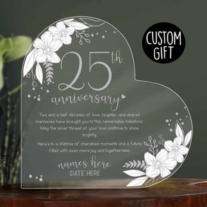 Placa de coração personalizada para 25 anos de casamento, 25 anos de casamento, 25 anos de aniversário, placa de prata para aniversário de casamento