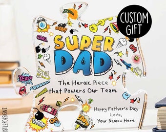Personalisierte Super Dad Puzzle Acryl Plakette - Comic Pop Art Superheld Thema - Benutzerdefinierte Vatertag - Superheld Dad Geschenk - Geschenk von Kindern