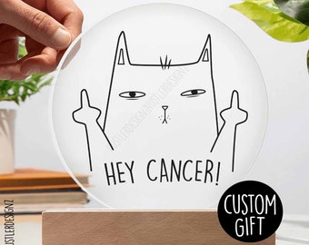 Placa personalizada del dedo medio del gato contra el cáncer: regalo de triunfo sobre el cáncer para pacientes con tratamiento contra el cáncer, sobreviviente de cáncer, estímulo contra el cáncer