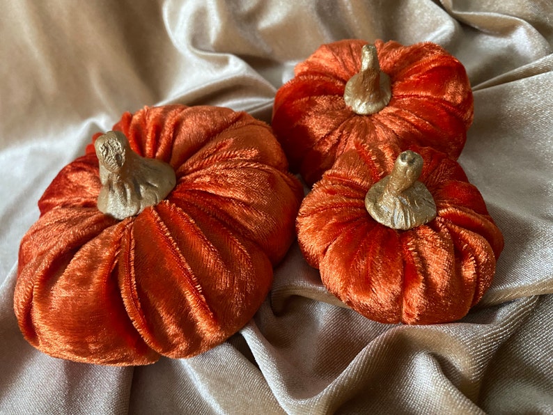 Plush vibrant orange Velvet Pumpkins handmade luxury Halloween autumn home decor with hand crafted gold painted clay stems in the UK image 2