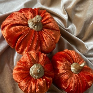 Plush vibrant orange Velvet Pumpkins handmade luxury Halloween autumn home decor with hand crafted gold painted clay stems in the UK image 3