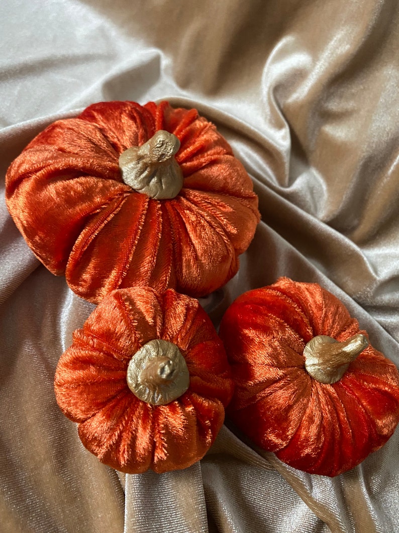 Plush vibrant orange Velvet Pumpkins handmade luxury Halloween autumn home decor with hand crafted gold painted clay stems in the UK image 3