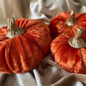 Plush vibrant orange Velvet Pumpkins handmade luxury Halloween autumn home decor with hand crafted gold painted clay stems in the UK image 1