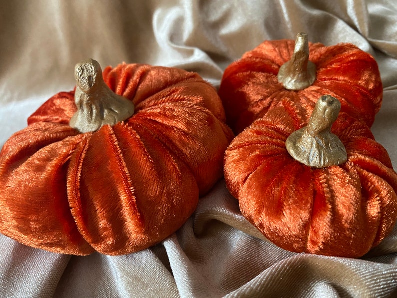 Plush vibrant orange Velvet Pumpkins handmade luxury Halloween autumn home decor with hand crafted gold painted clay stems in the UK image 1