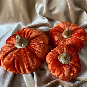 Plush vibrant orange Velvet Pumpkins handmade luxury Halloween autumn home decor with hand crafted gold painted clay stems in the UK image 5