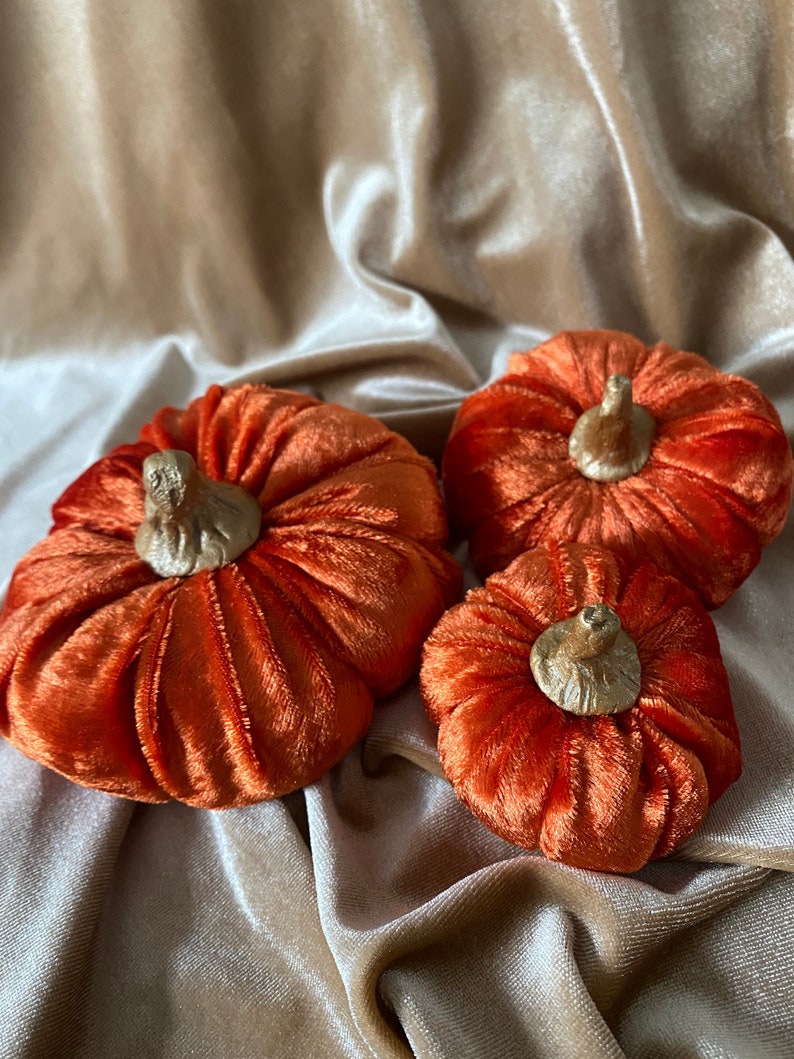 Plush vibrant orange Velvet Pumpkins handmade luxury Halloween autumn home decor with hand crafted gold painted clay stems in the UK image 5