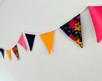 Vintage Floral Fabric Bunting Rose & Hubble, Home Decor, Garden Party Decor, Navy Orange Pink Bunting, Multicolour Floral Garland