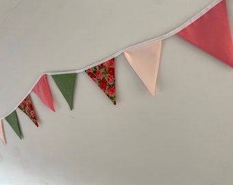 Vintage Floral Bunting,handmade decor, summer flowers, flower bunting, garden party decor, green bunting, polka dot, cottagecore