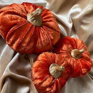 Plush vibrant orange Velvet Pumpkins handmade luxury Halloween autumn home decor with hand crafted gold painted clay stems in the UK image 7