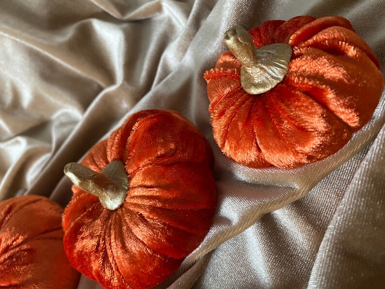 Plush vibrant orange Velvet Pumpkins handmade luxury Halloween autumn home decor with hand crafted gold painted clay stems in the UK image 4