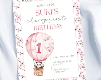 Editable Cherry First Birthday Invitation | Sakura Themed, Panda Animal Party, 1st Celebration Invite, Canva Template, BFC002