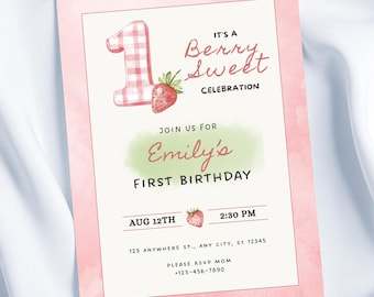 Berry First Birthday Invitation, Strawberry Party 1st Birthday Invite, Editable Template, Gender Neutral Sweet One Printable, BFS002