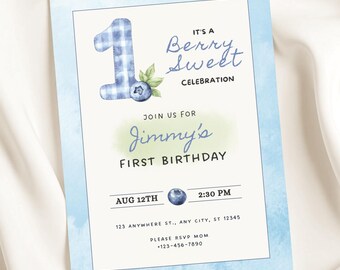 Berry First Birthday Invitation, Blueberry Party Invite, Editable 1st Birthday Template, Gender Neutral Sweet One Printable, BFB002