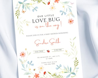 Our Little Love Bug Baby Shower Invitation | Cute Spring Flowers and Bugs Invite, Editable Canva Template, Instant Digital Download, OLB001