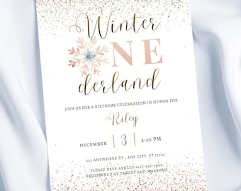 Editable Winter Onederland First Birthday Invitation | Christmas 1st Celebration Party Invite, Gold December Invite, Canva Template, WOL002