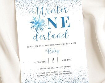 Editable Winter Onederland First Birthday Invitation | Christmas 1st Celebration Party Invite, Blue December Invite, Canva Template, WOL001
