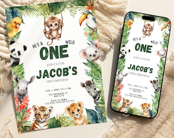 Wild One Birthday Invitation Bundle, Safari Party Invite Set, Editable 1st Birthday Templates, Gender Neutral Jungle Theme Printable, WO001