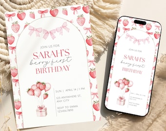 Berry First Birthday Invitation Bundle, Strawberry Invite, Editable 1st Party Template, Neutral Sweet One, Berry First Strawberry, BFS001