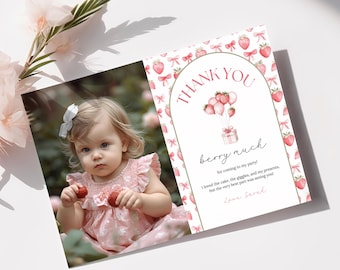 Editable Berry First Strawberry Thank You Card | Template Sweet One Celebration, Printable Baby Shower, 1st Birthday Appreciation, BFS001