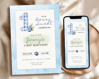 Editable Berry First Blueberry Birthday Invitation Bundle, Blueberry Invite, 1st Party Canva Template, Gender Neutral Sweet One, BFB002