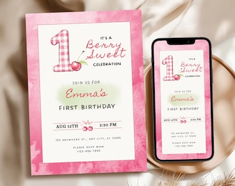 Editable Berry First Cherry Birthday Invitation Bundle, My Cherrie Invite, 1st Party Canva Template, Gender Neutral Sweet One, BFC001