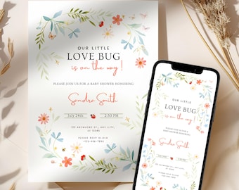 Editable Our Little Love Bug Invitation Bundle | Spring Flowers and Bugs Party Invite Set, Baby Shower Printable Templates, OLB001