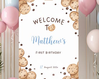 Editable One Sweet Cookie First Birthday Welcome Sign | 3 Sizes Downloadable Template, Printable Party Decor, Cookie Theme Boy, OSC002