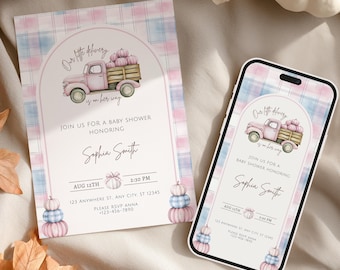 Editable Our Little Delivery Baby Shower Invitation Bundle | Pink Pumpkin Truck Invite, Canva Template, Instant Digital Download, OLD001