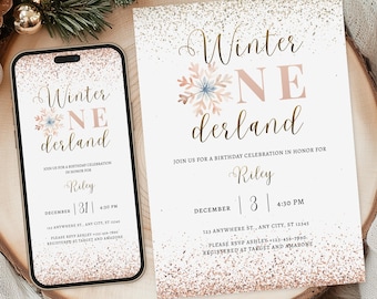 Editable Winter Onederland First Birthday Invitation Bundle | Christmas 1st Party Invite, Gold December Invite, Canva Template, WOL002