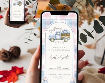 Editable Our Little Delivery Baby Shower Evite | Gender Neutral Truck Theme, Double Format Digital Phone Invitation, Canva Template, OLD002