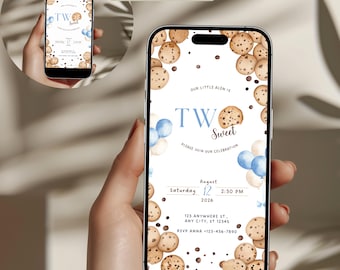 Editable Two Sweet Second Birthday Evite | Double Digital Phone Invite | Cookie Theme Light Blue 2nd Party | Canva Template | TSC002