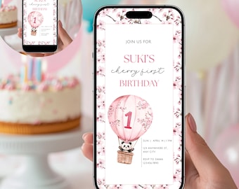 Editable Cherry First Birthday Evite | Gender Neutral Sakura Flower Theme, Double Format Digital Phone Invitation, Canva Template, BFC001