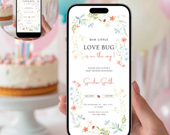 Editable Our Little Love Bug Evite | Spring Baby Shower, Flowers Bugs Theme, Double Format Digital Phone Invitation, Canva Template, OLB001