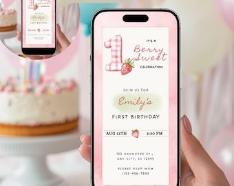 Editable Berry First Strawberry Birthday Evite | Double Digital Phone Invite, 1st Birthday Canva Template, Sweet Neutral Invitation, BFS002