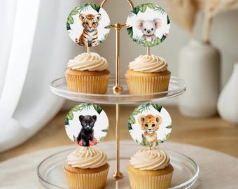 Wild One Cupcake Toppers, Safari Party Decor, Editable 1st Birthday Template, Gender Neutral Jungle Theme Printable Cake Topper, WO001