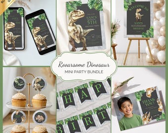 Editable Rooarsome Dinosaur Birthday Mini Bundle | Dino Park Essential Decor, Green Boy Party Canva Template, T-Rex Jurassic Theme, RD001