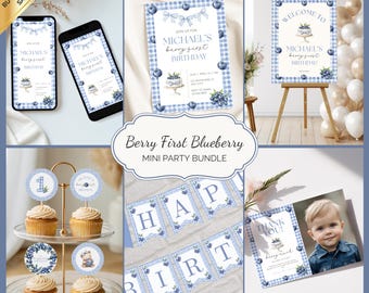 Editable Berry First Blueberry Birthday Mini Bundle | Blueberry Essential Decor, 1st Party Canva Template, Gender Neutral Sweet One, BFB001