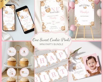 Editable One Sweet Cookie Birthday Mini Bundle | Light Pink Girl, 1st Party Canva Template, Neutral Milk-Cookies Essential Decor, OSC001