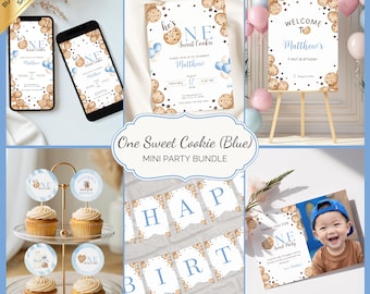 Editable One Sweet Cookie Birthday Mini Bundle | Light Blue Boy, 1st Party Canva Template, Neutral Milk-Cookies Essential Decor, OSC002