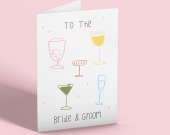 Bride and Groom Wedding Card, Drinks Just Married Greeting Card, Happy Couple Congratulations celebration